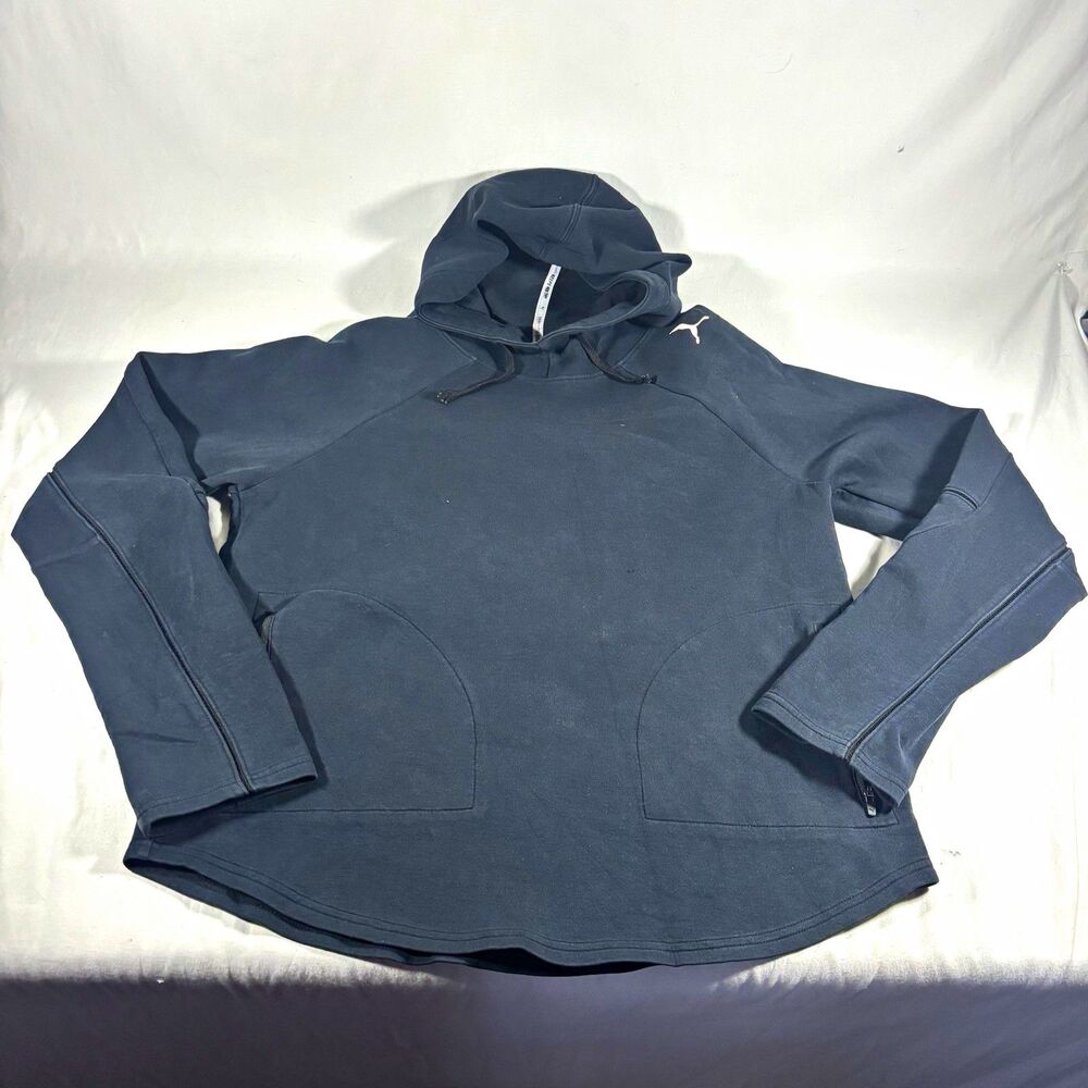 PUMA Men's Gray Solid Fleece Pullover Hoodie Logo Pockets Drawstring Size L